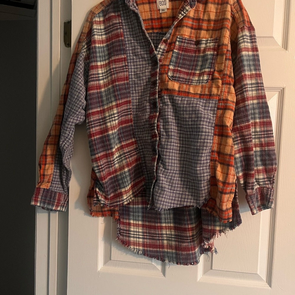 BDG Patchwork Plaid Shirt - Red, Orange, Blue M